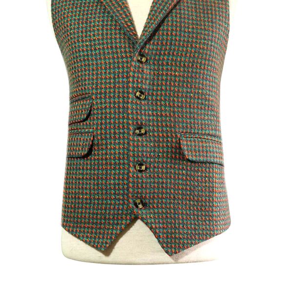 Mens 46R Tweed Wool Vest Green Orange Check Classic Waistcoat Formal Wedding - Picture 4 of 8